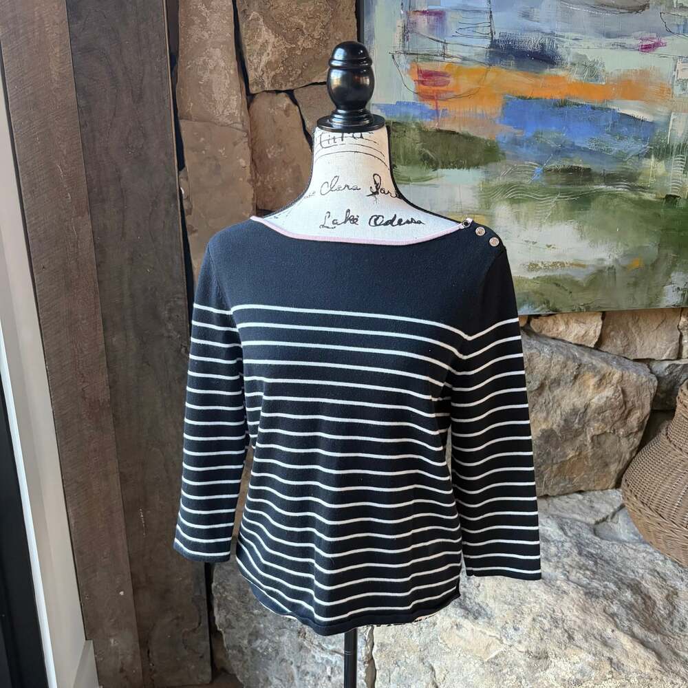 Lauren Ralph Lauren Black White Stripe Boat Neck Sweater Top Size Large